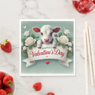 Cute Calf Holding Valentine's Day Greeting Banner  Napkin