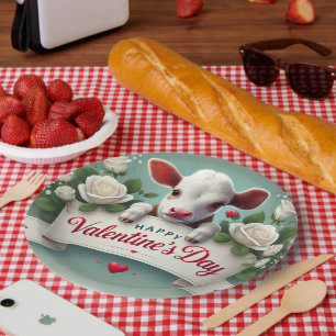 Cute Calf Holding Valentine's Day Greeting Banner  Paper Plate