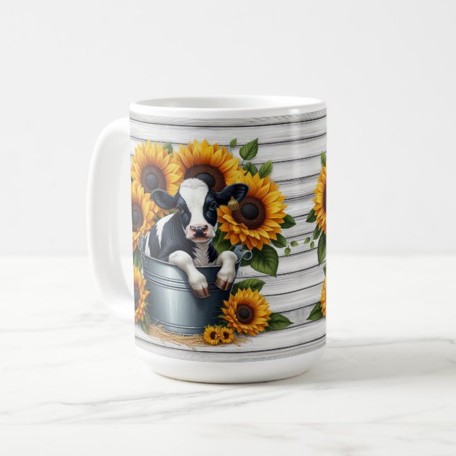 Cute Calf in Metal Bucket with Vibrant Sunflowers Coffee Mug (Front Left)
