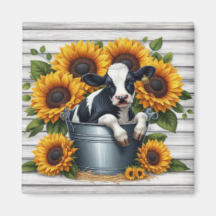 Cute Calf in Metal Bucket with Vibrant Sunflowers Magnet