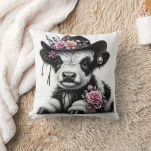 Cute Calf Wearing Hat Adorned with Flowers  Cushion