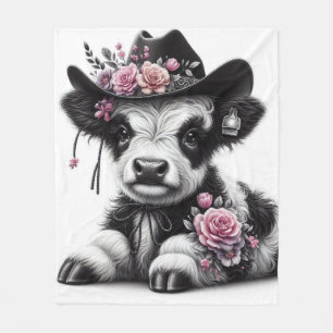 Cute Calf Wearing Hat Adorned with Flowers  Fleece Blanket