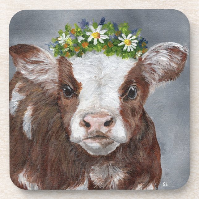 Cute Calf with Floral Crown Coaster (Front)