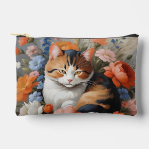 Cute calico cat and flowers accessory pouch