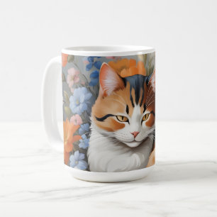 Cute calico cat and flowers coffee mug