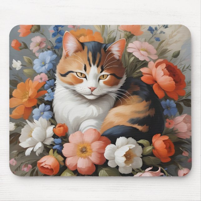 Cute calico cat and flowers mouse pad (Front)