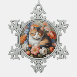 Cute calico cat and flowers snowflake pewter christmas ornament