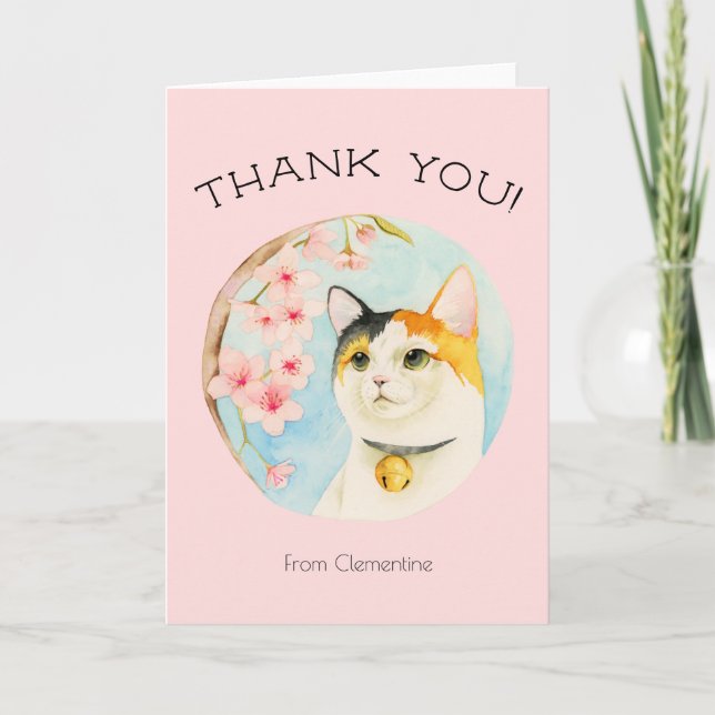 Cute Calico Cat and Pink Flowers | Thank You Card (Front)