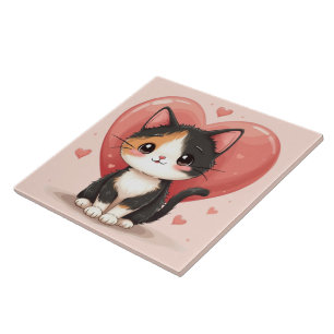 Cute Calico Cat Heart Kawaii Valentine’s Art Ceramic Tile