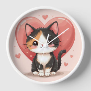 Cute Calico Cat Heart Kawaii Valentine’s Art Clock