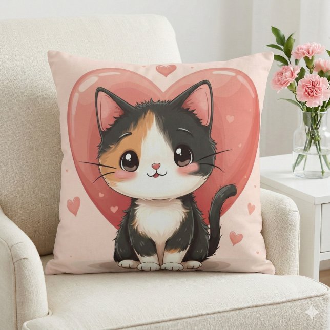 Cute Calico Cat Heart Kawaii Valentine’s Art Cushion (Kawaii Calico Cat Heart Valentine Design 2 Throw Pillow Mockup A )