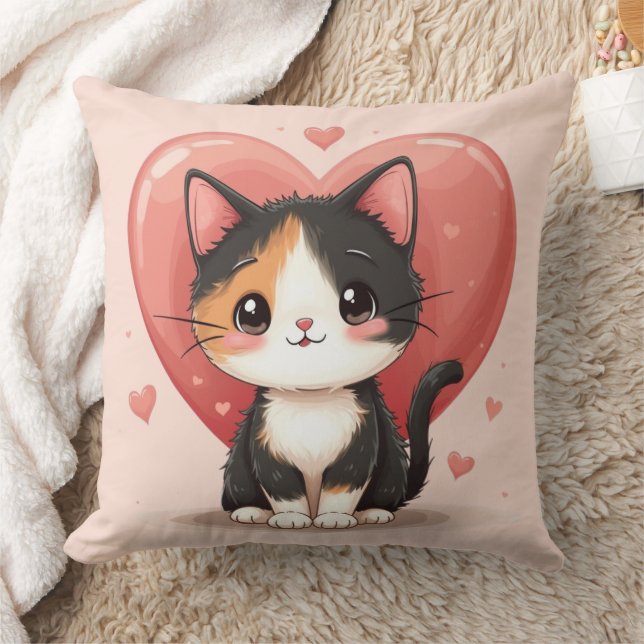 Cute Calico Cat Heart Kawaii Valentine’s Art Cushion (Blanket)