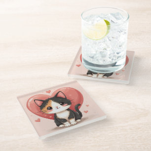 Cute Calico Cat Heart Kawaii Valentine’s Art Glass Coaster