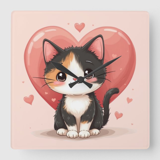 Cute Calico Cat Heart Kawaii Valentine’s Art Square Wall Clock (Front)
