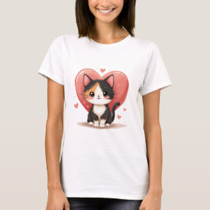 Cute Calico Cat Heart Kawaii Valentine’s Art T-Shirt