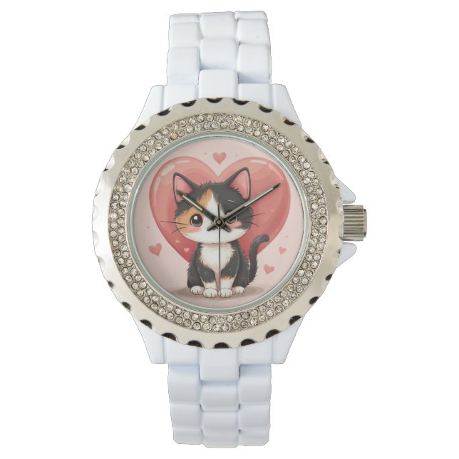 Cute Calico Cat Heart Kawaii Valentine’s Art Watch (Front)
