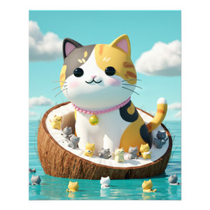 Cute Calico Cat in Coconut Island – Kawaii Ocean F Photo Print