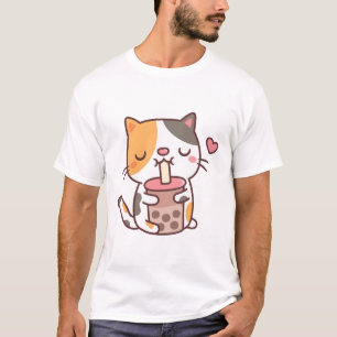 Cute Calico Cat Loves Drinking Boba Tea T-Shirt
