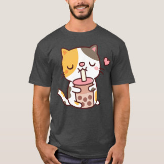 Cute Calico Cat Loves Drinking Boba Tea T-Shirt