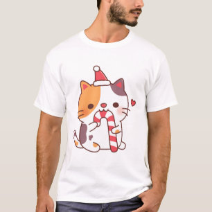 Cute Calico Cat Munching On Candy Cane T-Shirt