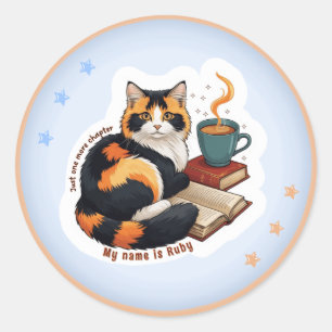 Cute Calico Cat Reading Book & Coffee Personalised Classic Round Sticker