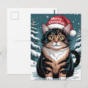 Cute Calico Cat Santa Hat Merry Christmas Winter Postcard
