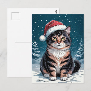 Cute Calico Cat Santa Hat Merry Christmas Winter   Postcard