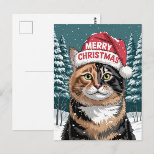 Cute Calico Cat Santa Hat Merry Christmas Winter   Postcard