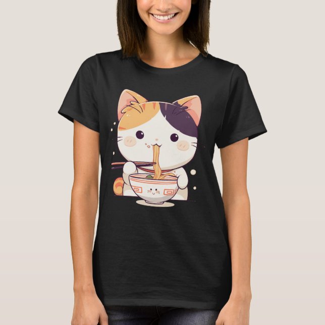 Cute Calico Cat Slurping Ramen T-Shirt (Front)