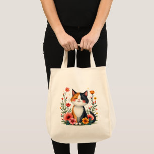 Cute Calico Cat with Floral Cottagecore Aesthetic Tote Bag