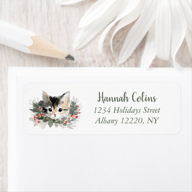 Cute Calico Kitten Winter Holiday Return Address Label (Insitu)