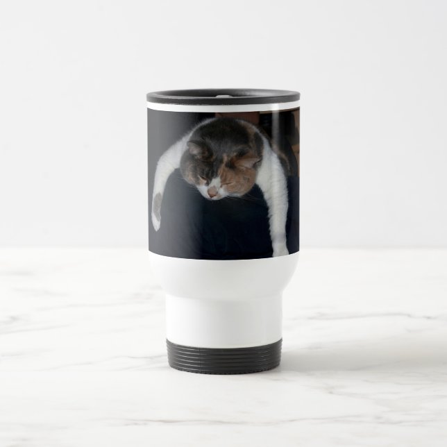 Cute Calico Sleeping Cat Over Shoulder Travel Mug (Center)