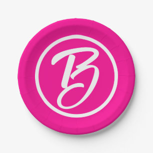 Cute Calligraphy Monogram Letter Hot Pink Paper Plate
