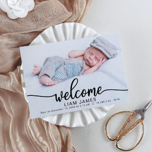 Cute Calligraphy Photo Birth Announcement Cards