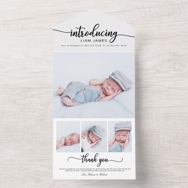 Cute Calligraphy Photo Birth Announcement Cards (Inside)