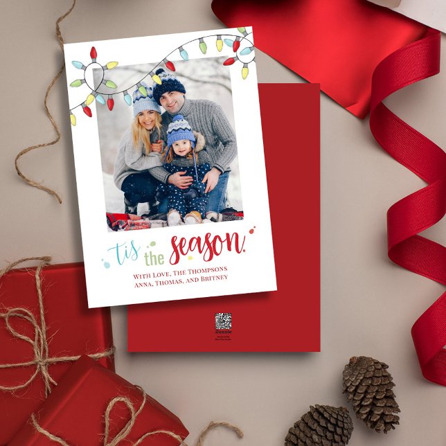 Cute Calligraphy Script Photo Colorful Typography Holiday Card ("Tis the Season" cute calligraphy script two photo greeting card template. )