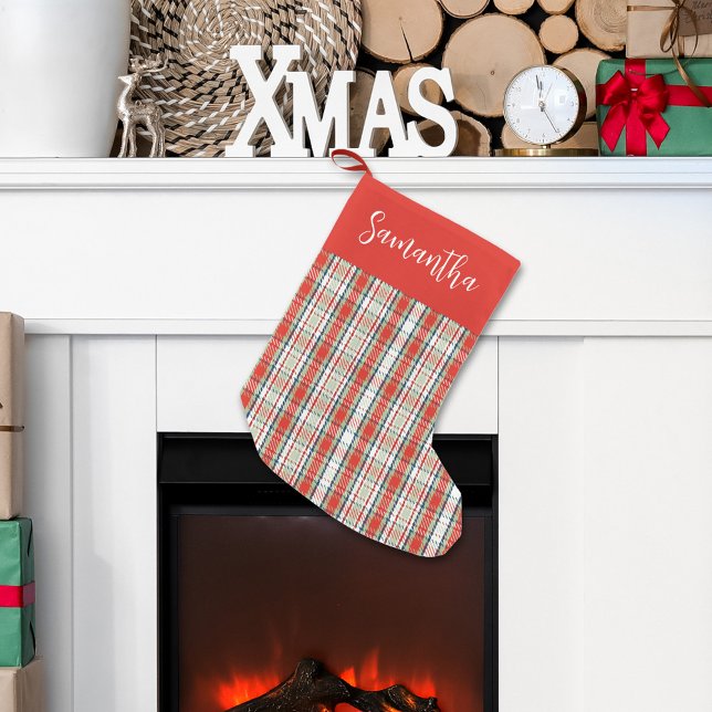 Cute Calligraphy Script Red Green Plaid Pattern Small Christmas Stocking (Christmas classic holiday red and green pattern stockings. )