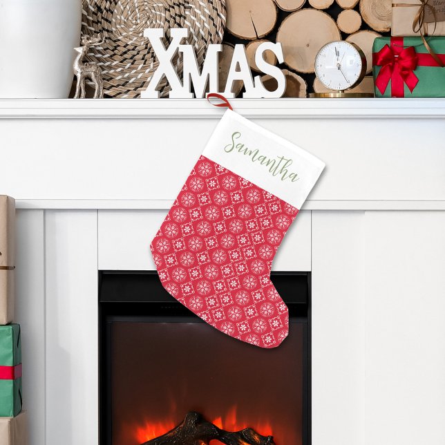 Cute Calligraphy Script Red Winter Snowflake Fun Small Christmas Stocking (Christmas holiday snowflake red pattern stocking.)