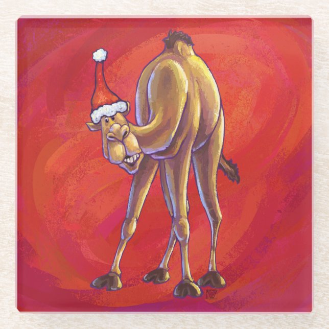 Cute Camel Christmas On Red Glass Coaster (Front)