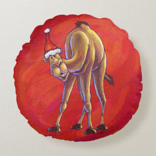 Cute Camel Christmas On Red Round Cushion