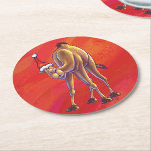 Cute Camel Christmas On Red Round Paper Coaster