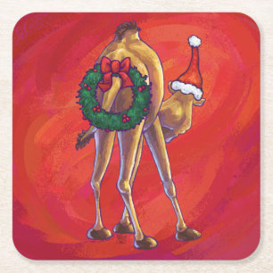 Cute Camel Christmas On Red Square Paper Coaster