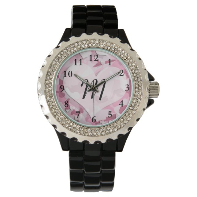 Cute Camo and Hearts Personalised Monogram Watch (Front)