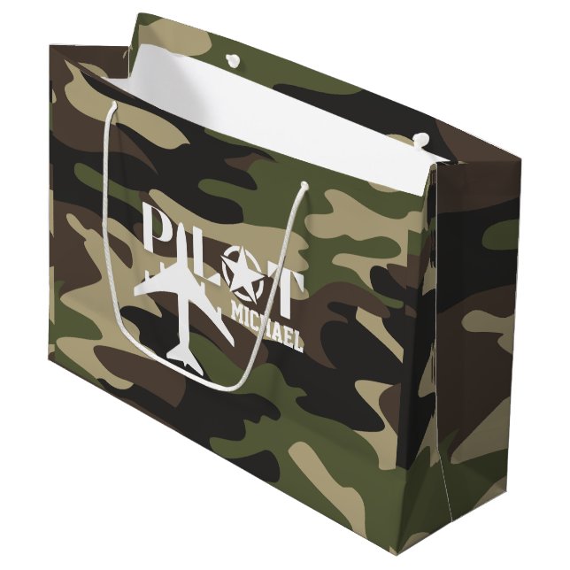 Cute Camouflage Pilot typography, personalised Large Gift Bag (Front Angled)
