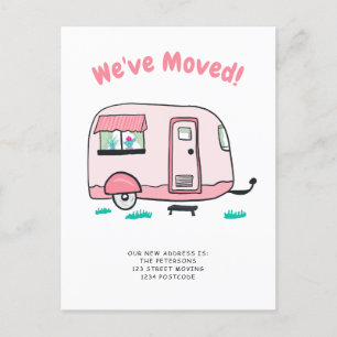 Cute camper van illustration moving announcement postcard