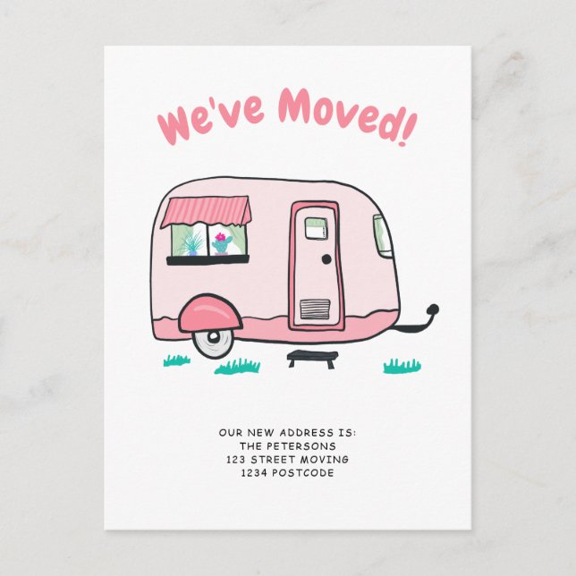 Cute camper van illustration moving announcement postcard (Front)