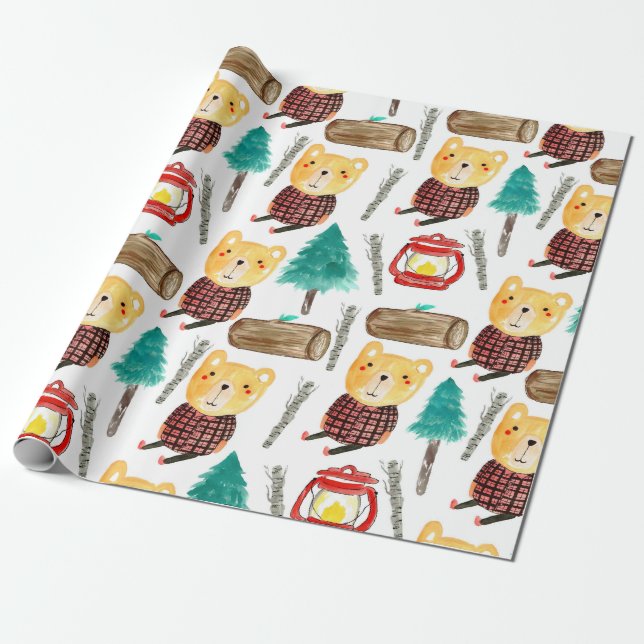 Cute camping bear birthday wrapping paper (Unrolled)