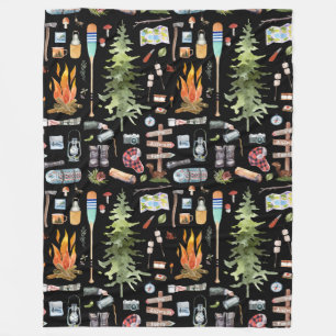 Cute Camping Pattern   Watercolor Illustrations Fleece Blanket