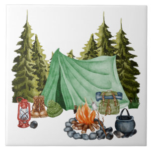 Cute Camping Theme Campfire, Tent, Forest Ceramic Tile