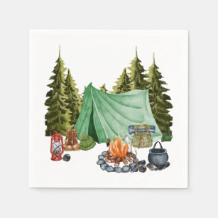 Cute Camping Theme Campfire, Tent, Forest Napkin
